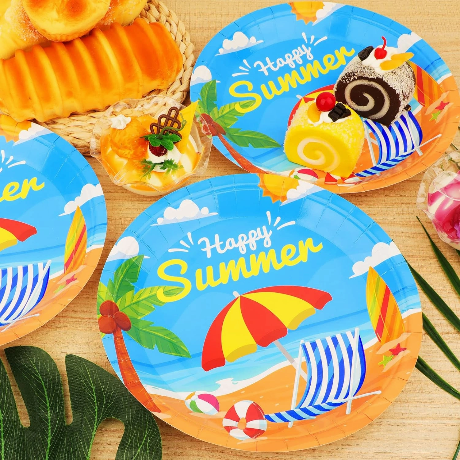 Wiooffen 48 Pcs Summer Beach Party Plates Birthday Party Disposable Paper Dessert Plates Supplies Decorations Beach Theme Plates Tableware for Birthday Baby Shower