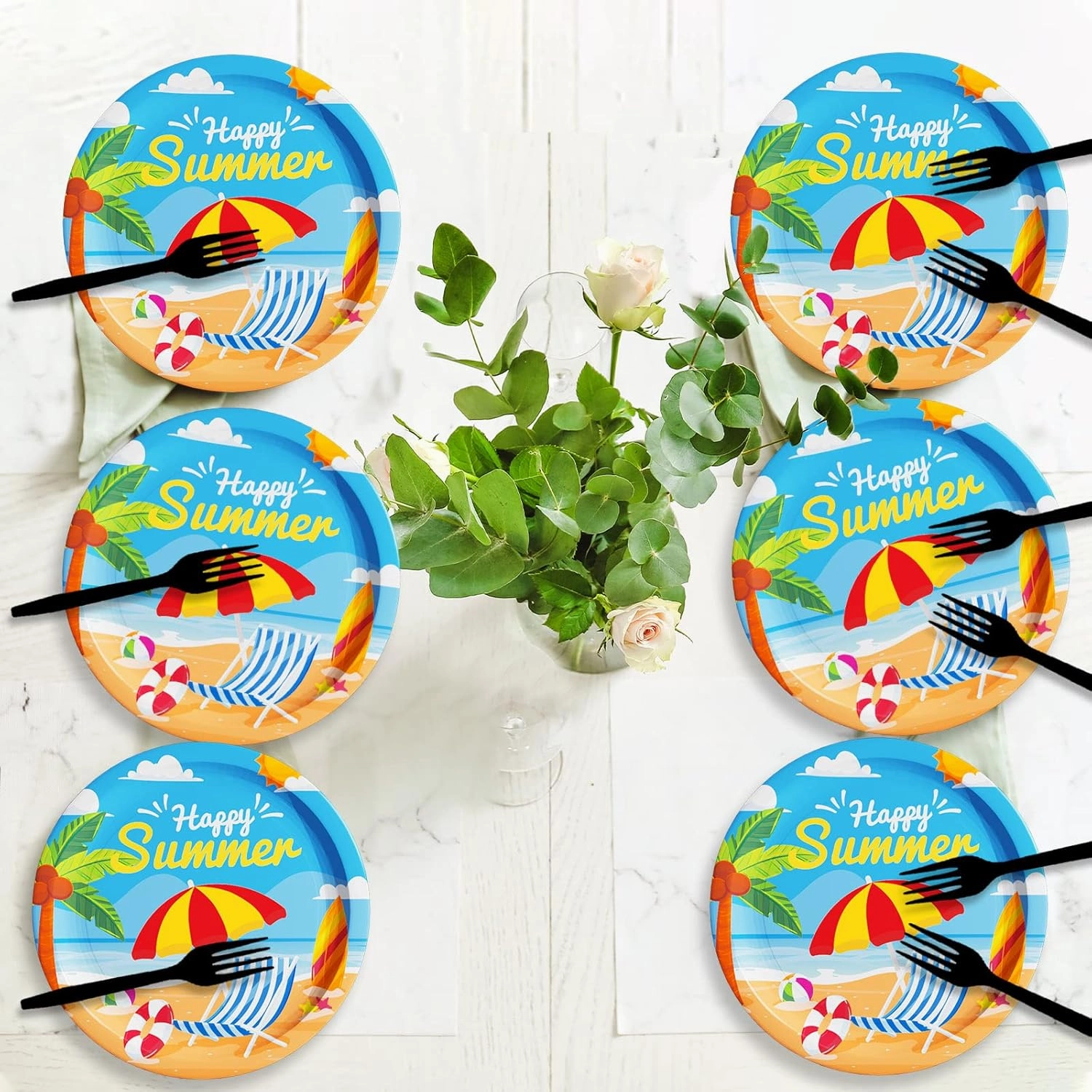 Wiooffen 48 Pcs Summer Beach Party Plates Birthday Party Disposable Paper Dessert Plates Supplies Decorations Beach Theme Plates Tableware for Birthday Baby Shower