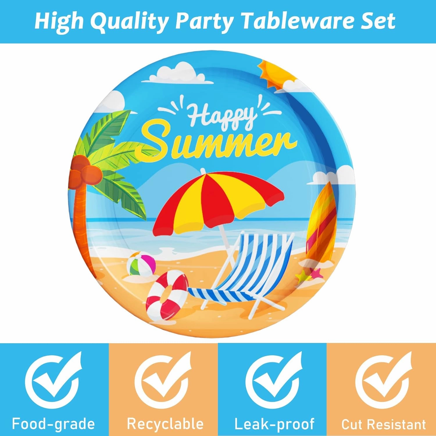 Wiooffen 48 Pcs Summer Beach Party Plates Birthday Party Disposable Paper Dessert Plates Supplies Decorations Beach Theme Plates Tableware for Birthday Baby Shower