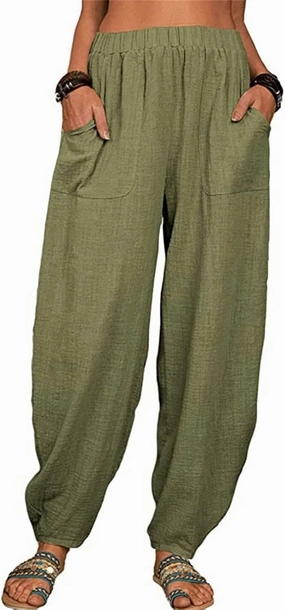Women Cotton and Linen Summer Palazzo Pant Flowy Wide Leg Beach Pants High Waist Ruched Trouser with Pockets