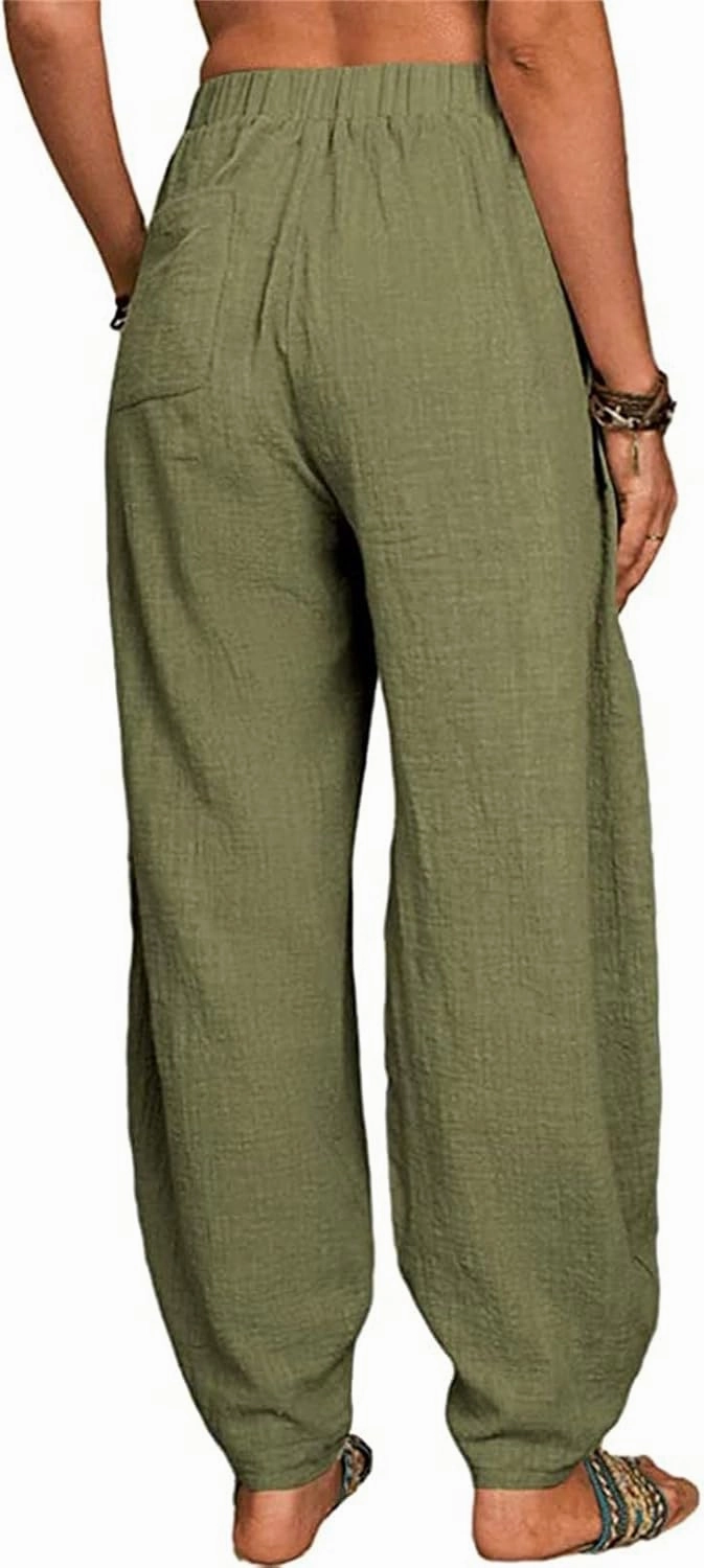 Women Cotton and Linen Summer Palazzo Pant Flowy Wide Leg Beach Pants High Waist Ruched Trouser with Pockets