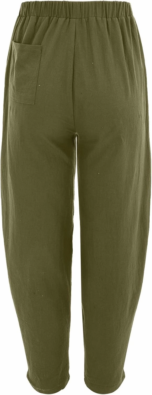 Women Cotton and Linen Summer Palazzo Pant Flowy Wide Leg Beach Pants High Waist Ruched Trouser with Pockets