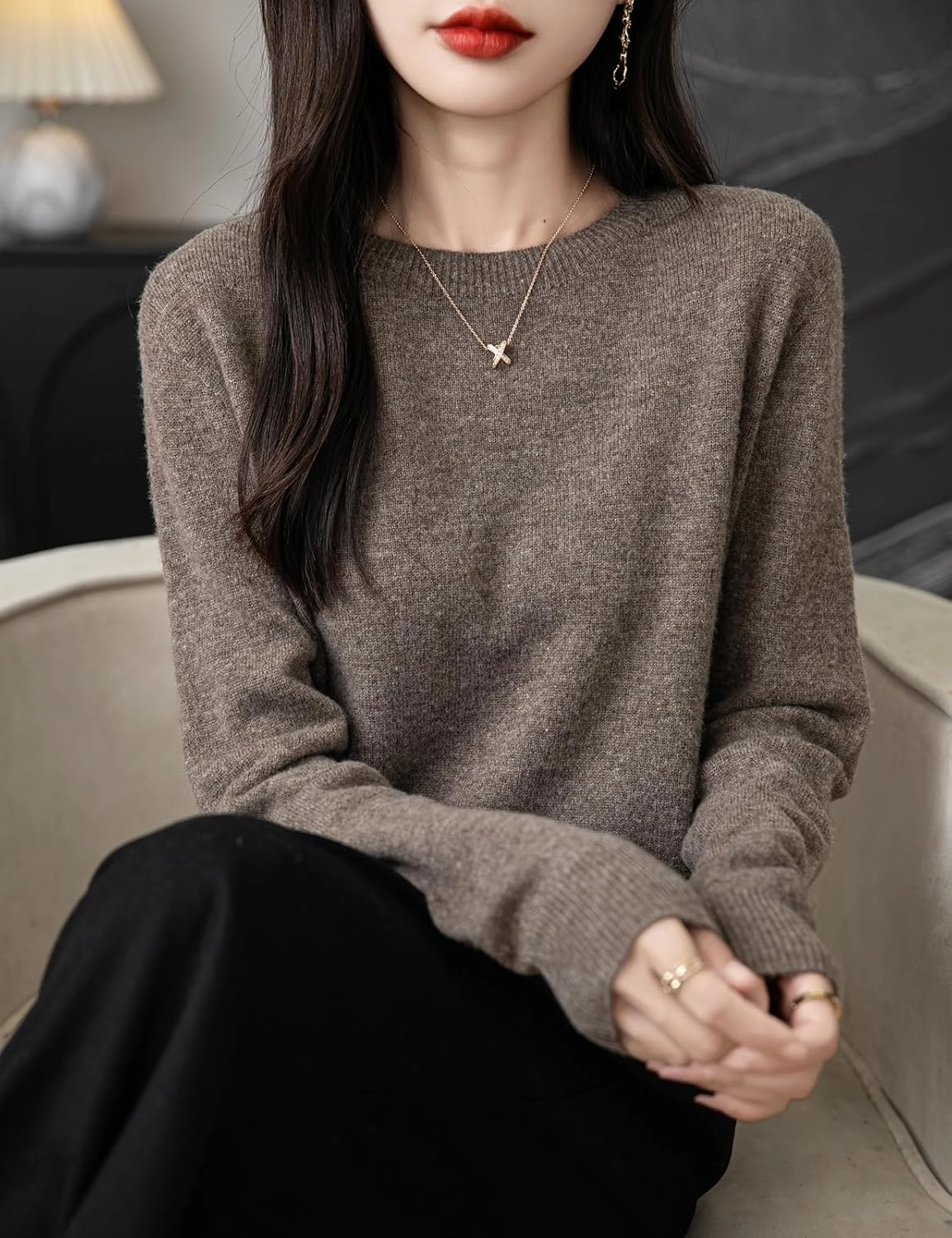 Women's 100% Merino Wool 2025 Fall Winter First-Line Ready to Wear Long Sleeve Seamless Knit Crewneck Sweater