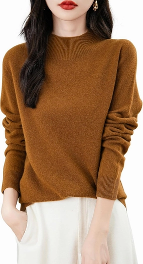 Women's 100% Merino Wool Seamless Sweater Mock Neck First-Line Ready to Wear Long Sleeve Knitted Pullover Tops