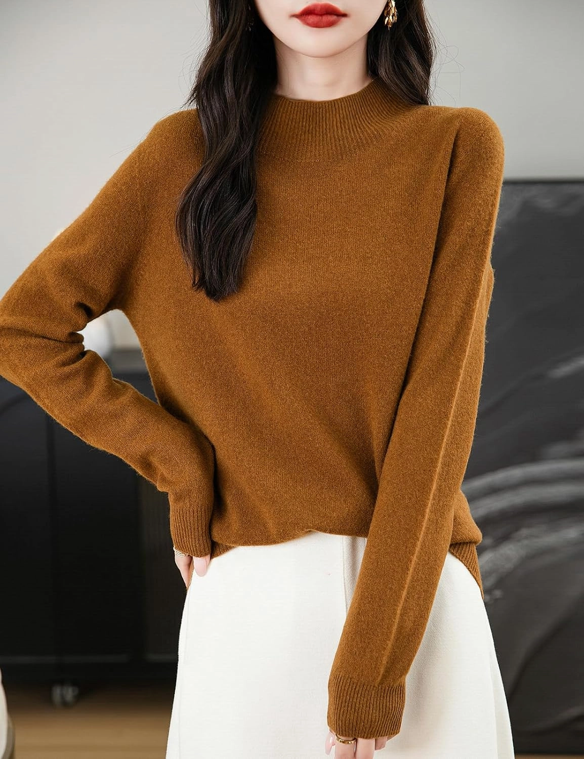 Women's 100% Merino Wool Seamless Sweater Mock Neck First-Line Ready to Wear Long Sleeve Knitted Pullover Tops