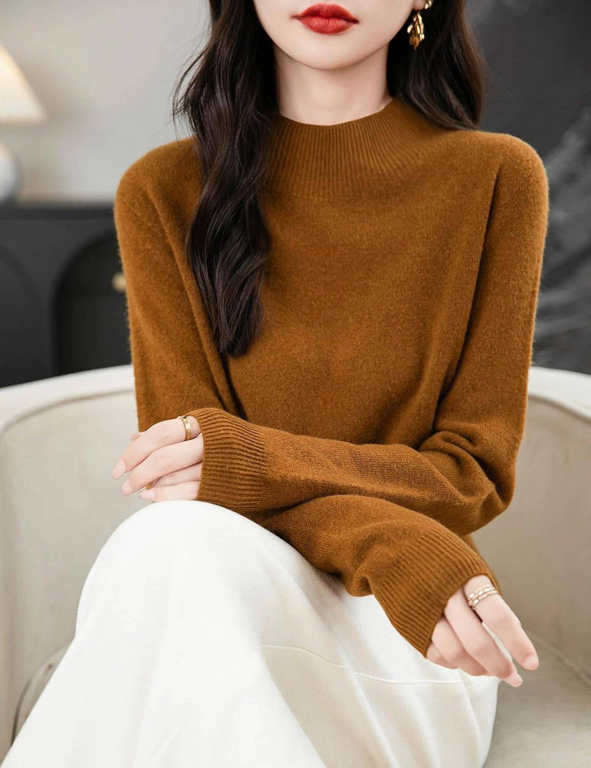 Women's 100% Merino Wool Seamless Sweater Mock Neck First-Line Ready to Wear Long Sleeve Knitted Pullover Tops