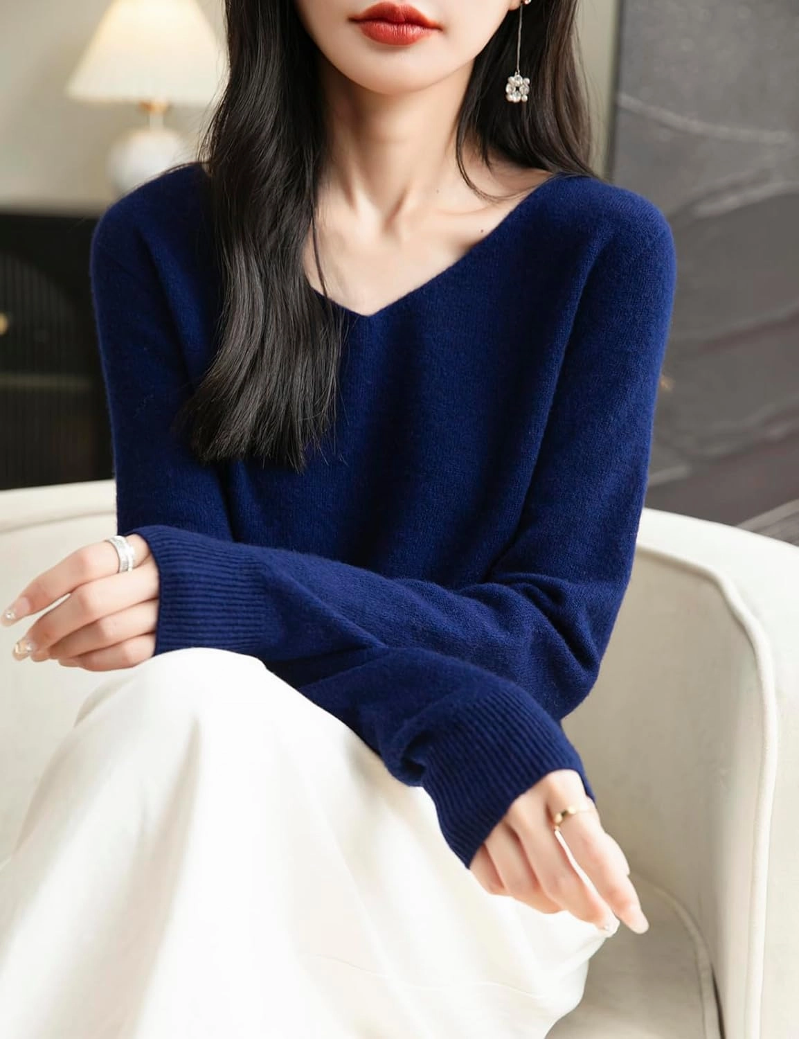 Women's 100% Merino Wool V Neck Sweater 2025 First-Line Ready to Wear Casual Long Sleeve Seamless Knit Sweater