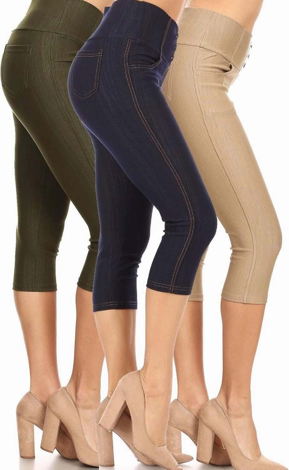 Women's Capri Denim Jeggings High Waisted Pull on Stretch Cropped Skinny Pants Regular & Plus Size