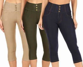 Women's Capri Denim Jeggings High Waisted Pull on Stretch Cropped Skinny Pants Regular & Plus Size