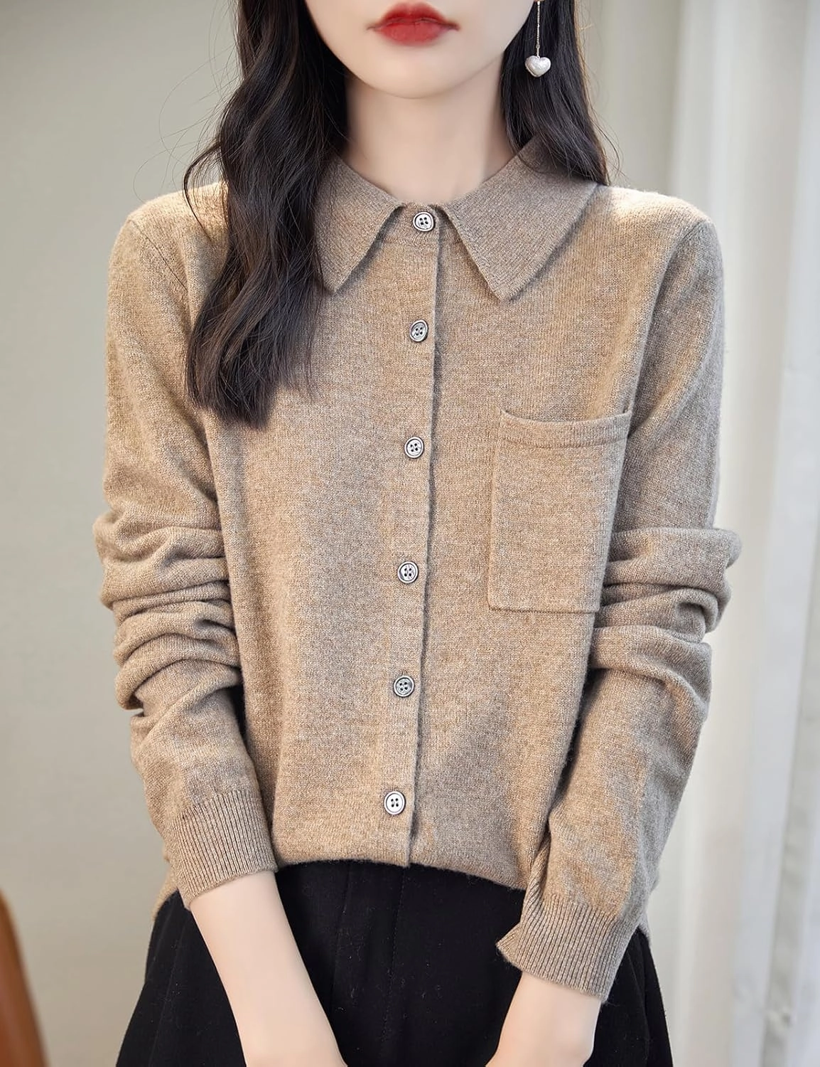 Women's Polo Neck 100% Merino Wool Sweater 2025 Spring Basic Long Sleeve Knitted Cardigan Sweater with Pocket