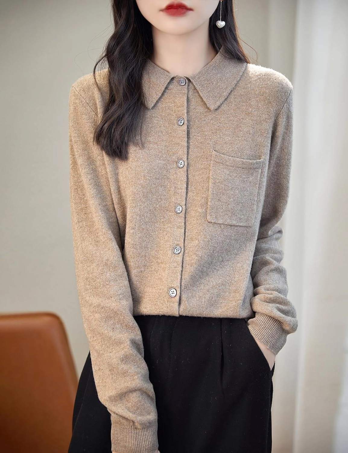 Women's Polo Neck 100% Merino Wool Sweater 2025 Spring Basic Long Sleeve Knitted Cardigan Sweater with Pocket