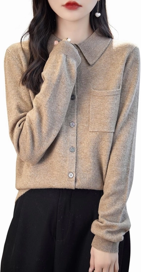 Women's Polo Neck 100% Merino Wool Sweater 2025 Spring Basic Long Sleeve Knitted Cardigan Sweater with Pocket