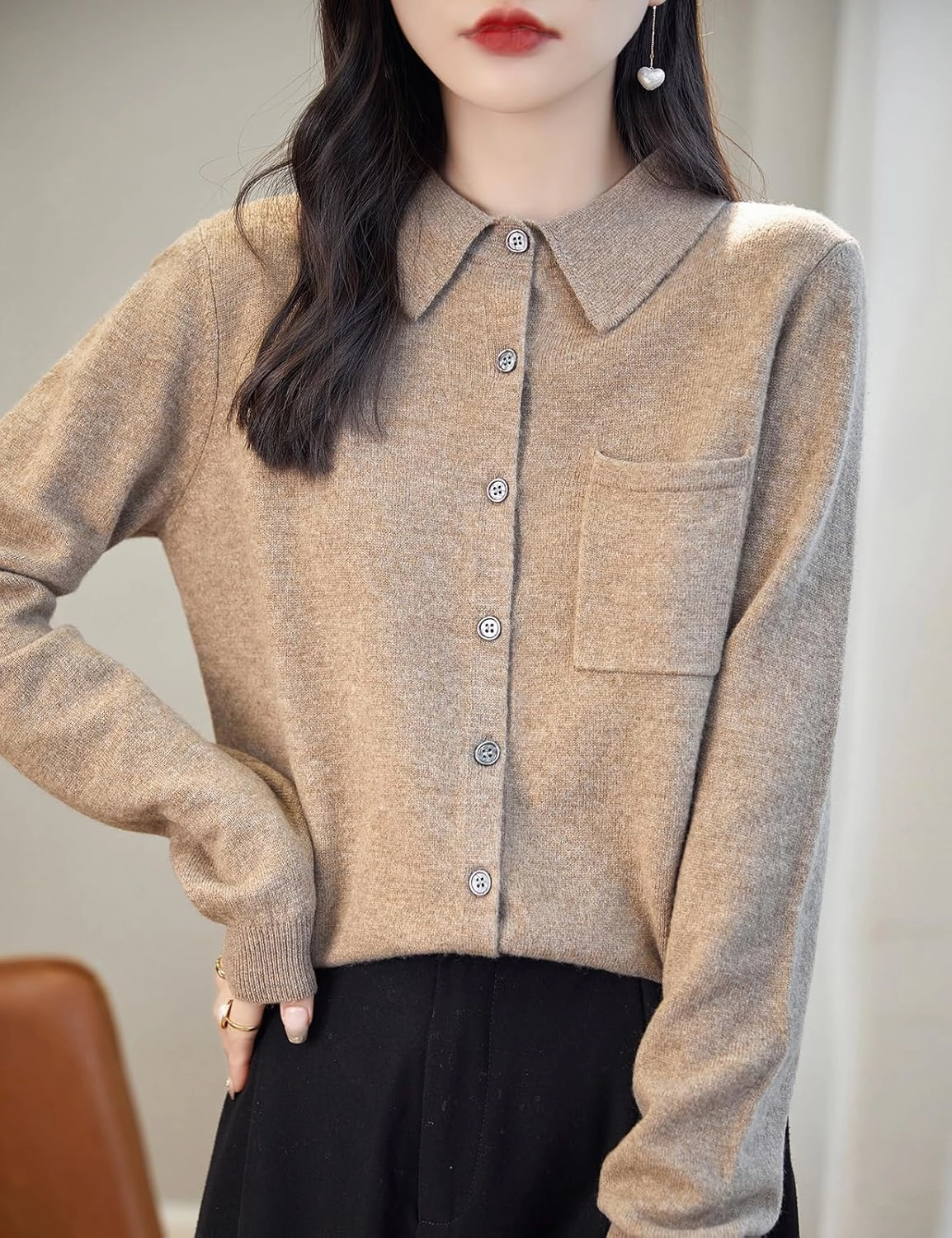 Women's Polo Neck 100% Merino Wool Sweater 2025 Spring Basic Long Sleeve Knitted Cardigan Sweater with Pocket