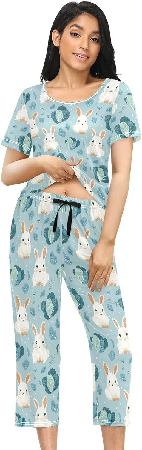 Women's Pajama Set Cute Bunny Cabbage Sleepwear Soft Pjs Lounge Sets Short Sleeve with Pockets S-XXL