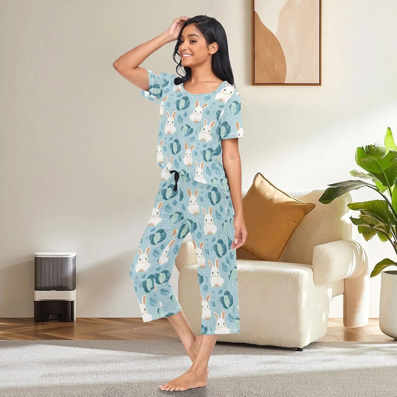 Women's Pajama Set Cute Bunny Cabbage Sleepwear Soft Pjs Lounge Sets Short Sleeve with Pockets S-XXL