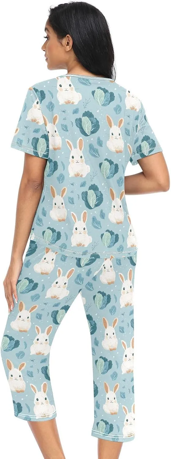 Women's Pajama Set Cute Bunny Cabbage Sleepwear Soft Pjs Lounge Sets Short Sleeve with Pockets S-XXL