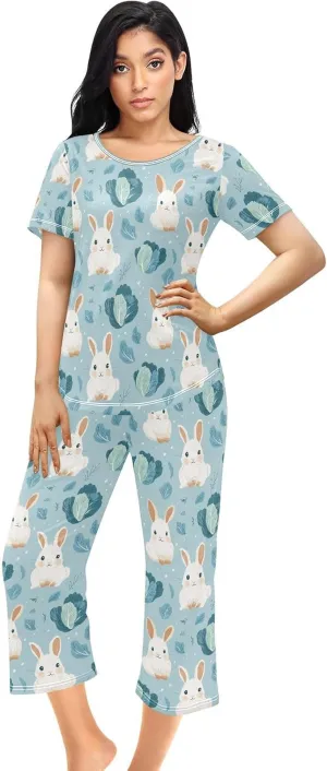Women's Pajama Set Cute Bunny Cabbage Sleepwear Soft Pjs Lounge Sets Short Sleeve with Pockets S-XXL