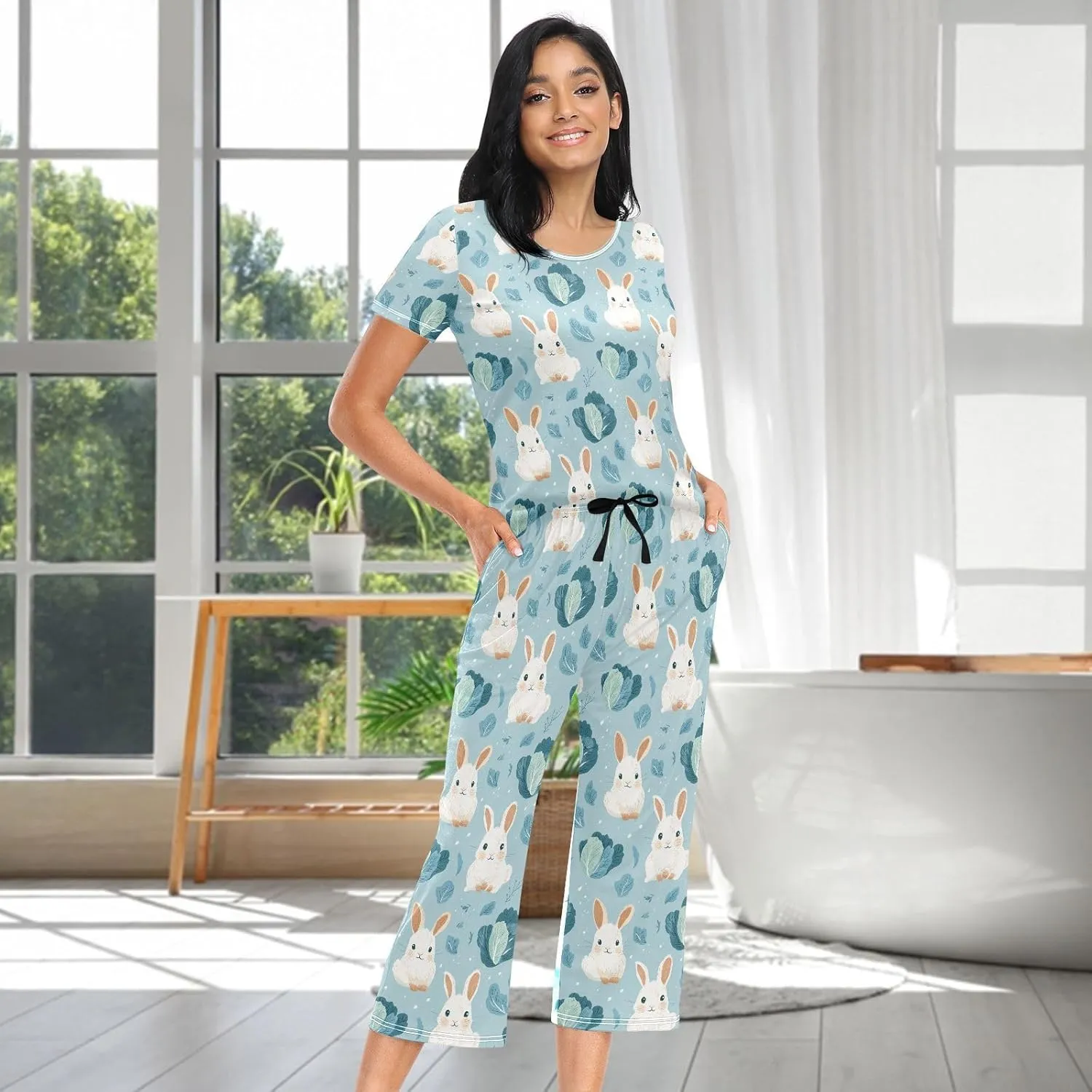 Women's Pajama Set Cute Bunny Cabbage Sleepwear Soft Pjs Lounge Sets Short Sleeve with Pockets S-XXL