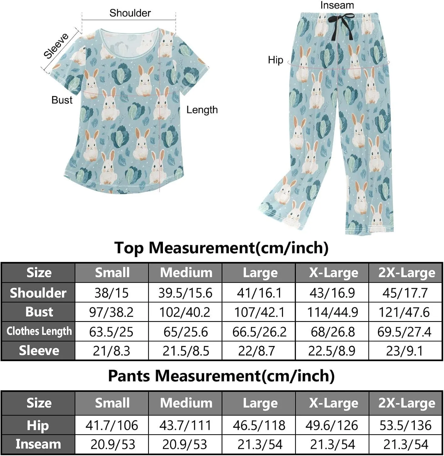Women's Pajama Set Cute Bunny Cabbage Sleepwear Soft Pjs Lounge Sets Short Sleeve with Pockets S-XXL