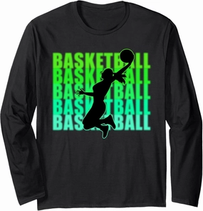 Womens Basketball Slam Dunk Green Blue Background Long Sleeve T-Shirt