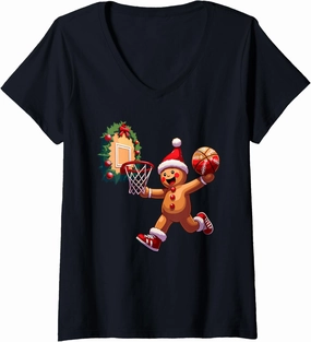 Womens Christmas Dunking Gingerbread Man Basketball Dunk Sport Xmas V-Neck T-Shirt