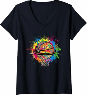 Womens Colourful Tie Dye Basketball Slam Dunk V-Neck T-Shirt