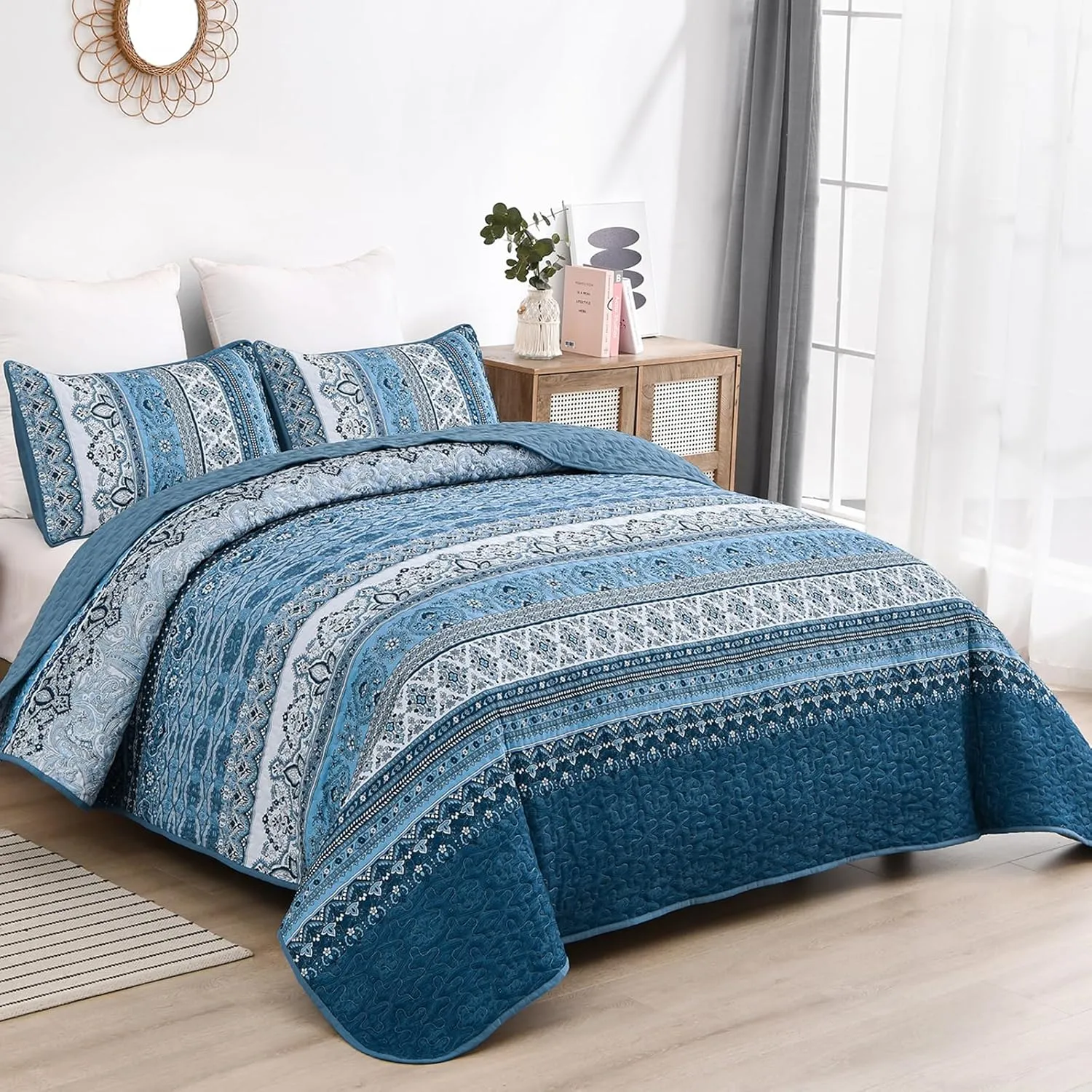 WONGS BEDDING Blue Quilt Set Queen Size, Bohemian Stripe 3 Pieces Quilts Bedspread Set Boho Lightweight Microfiber All Season Bedding Coverlet Set for Queen Bed (96"x90")