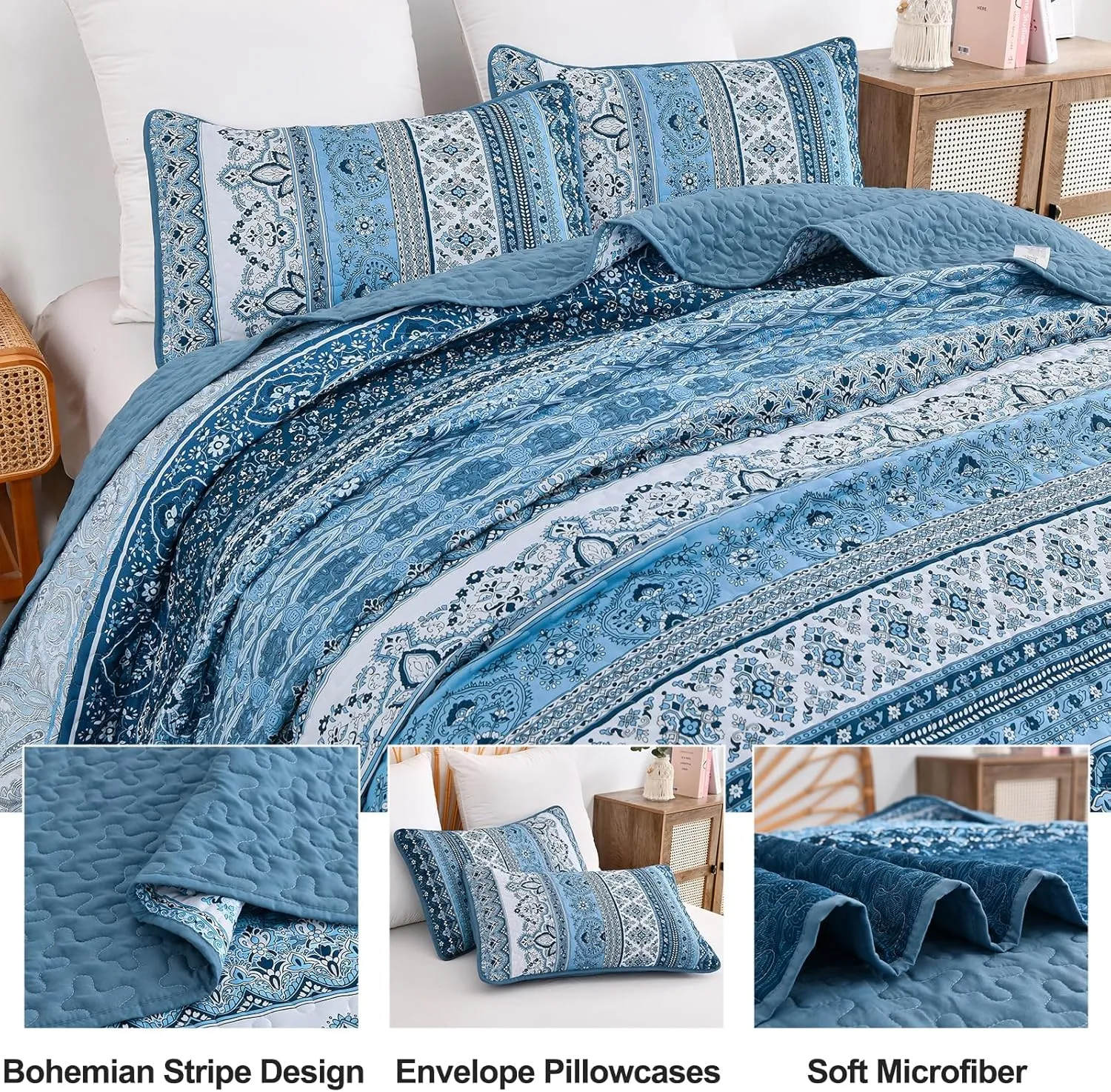 WONGS BEDDING Blue Quilt Set Queen Size, Bohemian Stripe 3 Pieces Quilts Bedspread Set Boho Lightweight Microfiber All Season Bedding Coverlet Set for Queen Bed (96"x90")