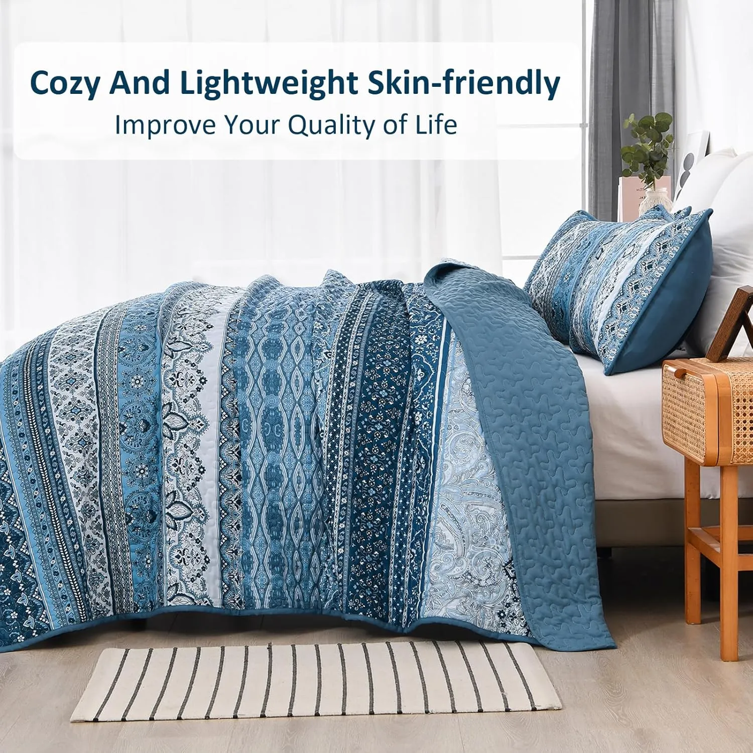 WONGS BEDDING Blue Quilt Set Queen Size, Bohemian Stripe 3 Pieces Quilts Bedspread Set Boho Lightweight Microfiber All Season Bedding Coverlet Set for Queen Bed (96"x90")