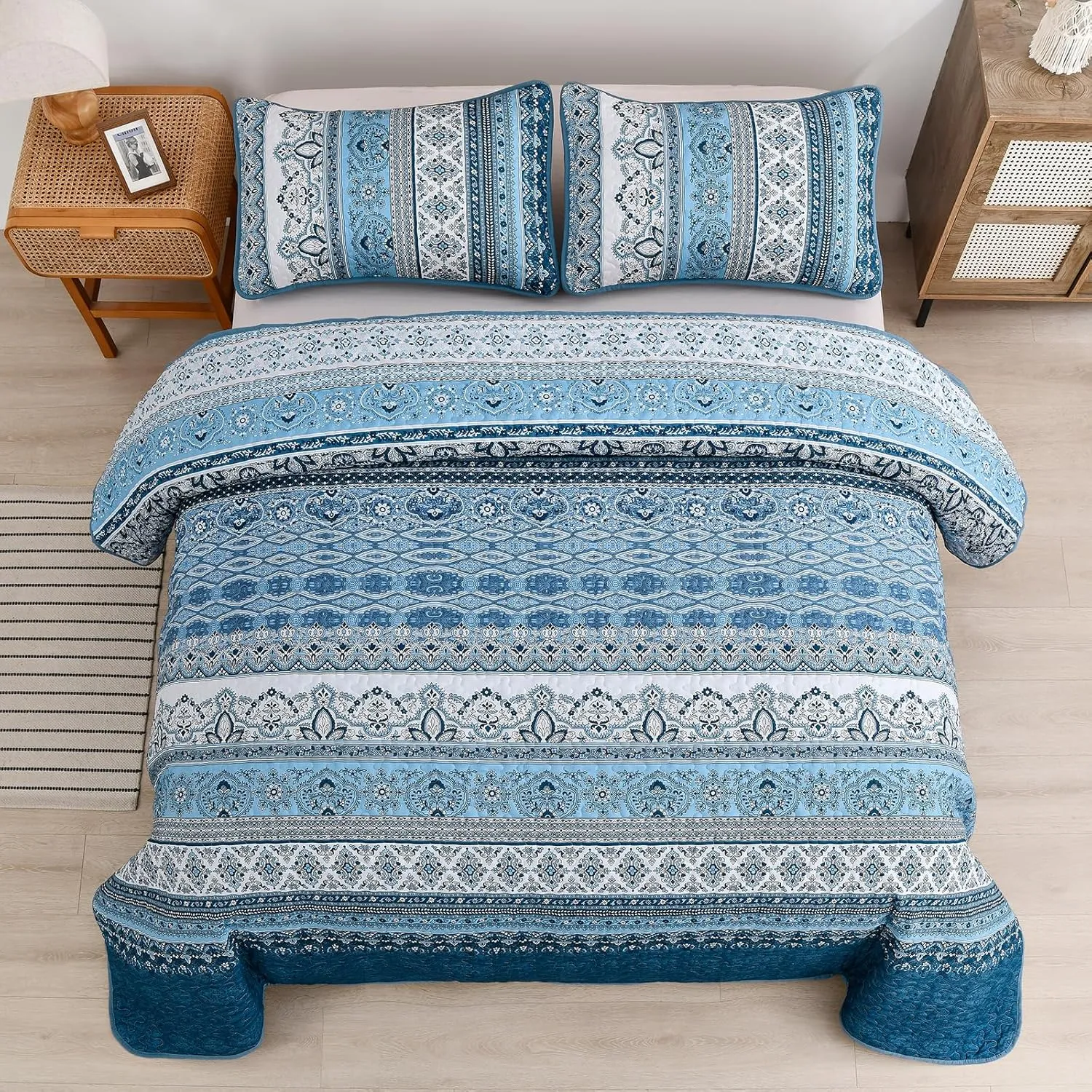 WONGS BEDDING Blue Quilt Set Queen Size, Bohemian Stripe 3 Pieces Quilts Bedspread Set Boho Lightweight Microfiber All Season Bedding Coverlet Set for Queen Bed (96"x90")