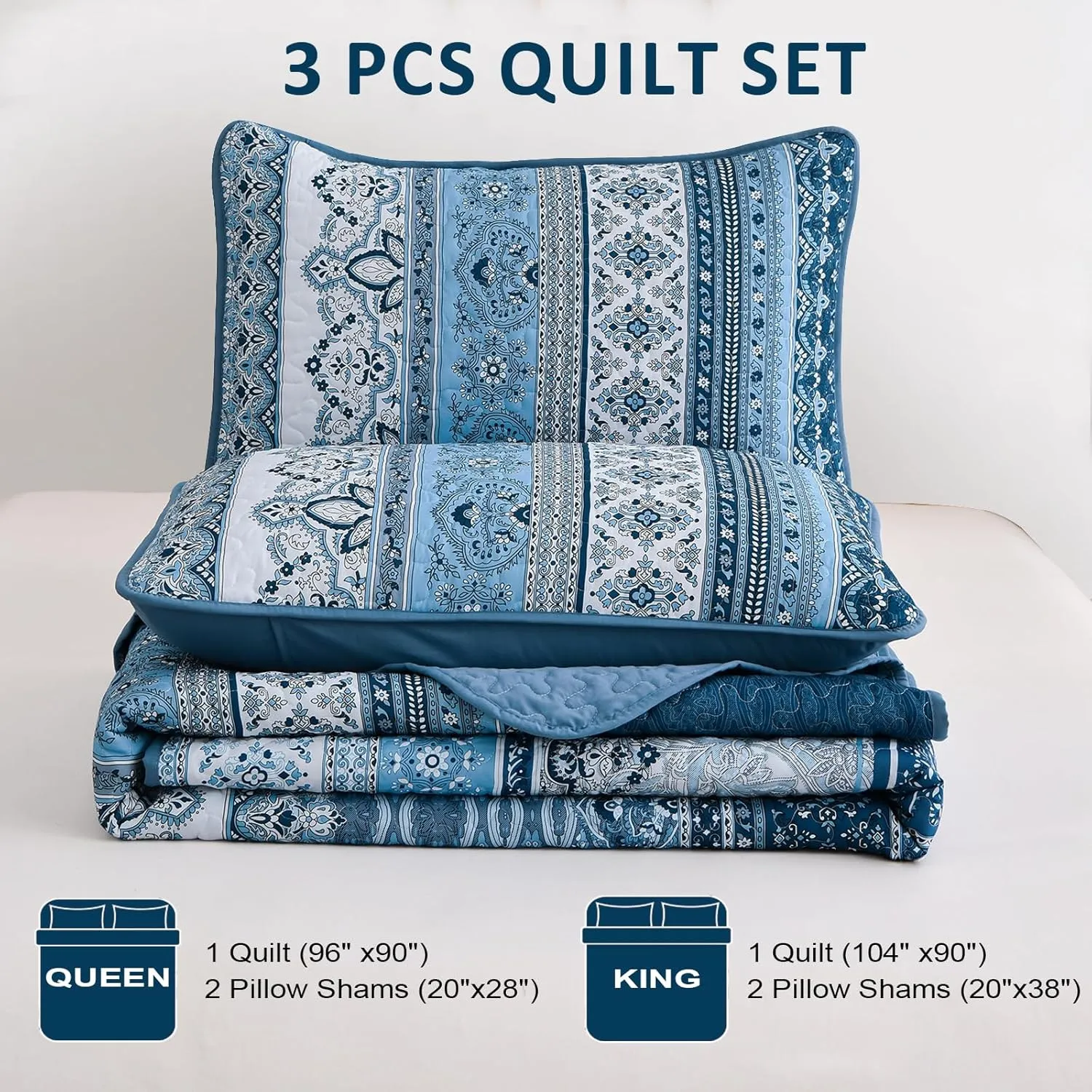 WONGS BEDDING Blue Quilt Set Queen Size, Bohemian Stripe 3 Pieces Quilts Bedspread Set Boho Lightweight Microfiber All Season Bedding Coverlet Set for Queen Bed (96"x90")