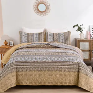 WONGS BEDDING Brown Quilt Set King Size, Bohemian Stripe 3 Pieces Quilts Bedspread Set Boho Lightweight Microfiber All Season Bedding Coverlet Set for Queen Bed (104"x90")