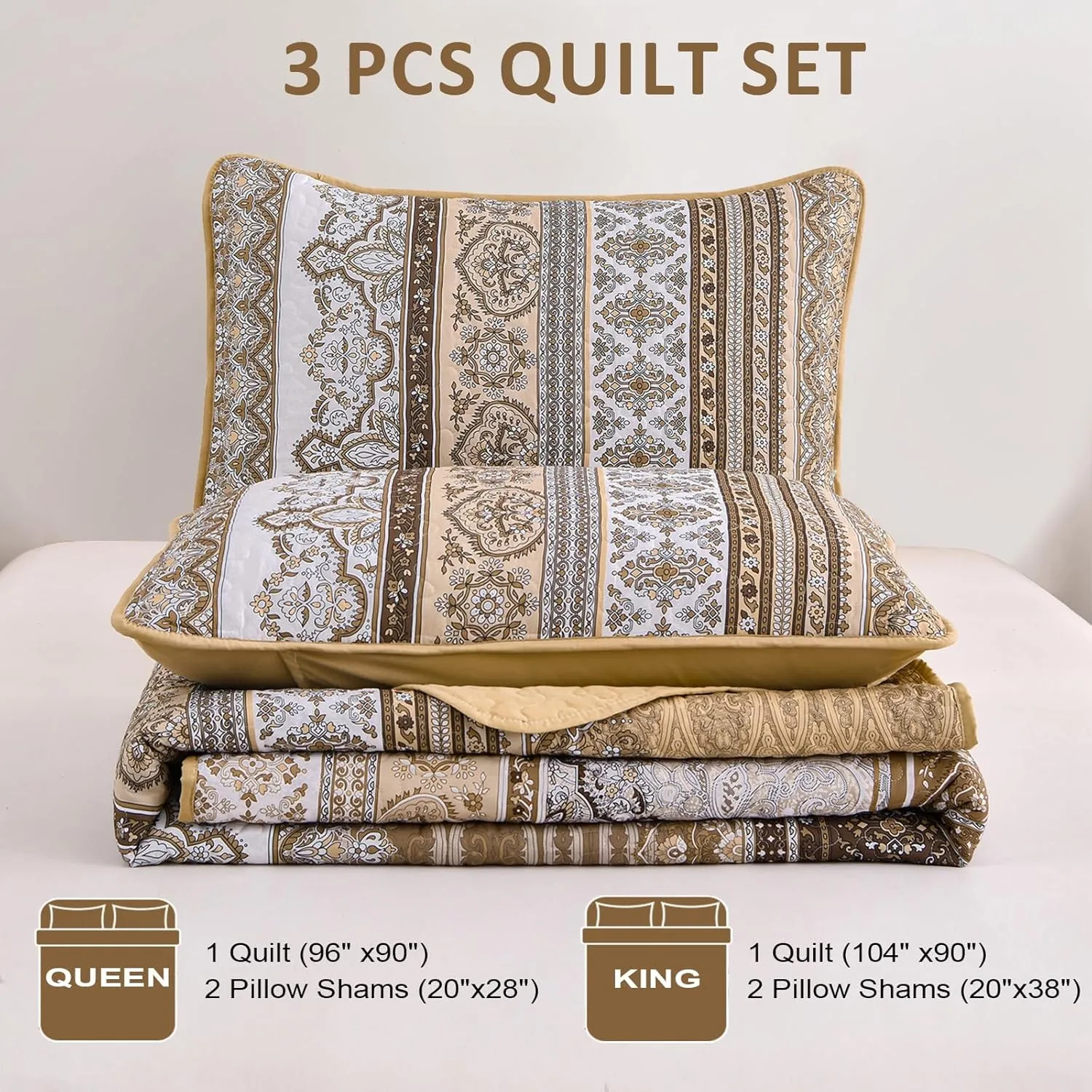 WONGS BEDDING Brown Quilt Set King Size, Bohemian Stripe 3 Pieces Quilts Bedspread Set Boho Lightweight Microfiber All Season Bedding Coverlet Set for Queen Bed (104"x90")