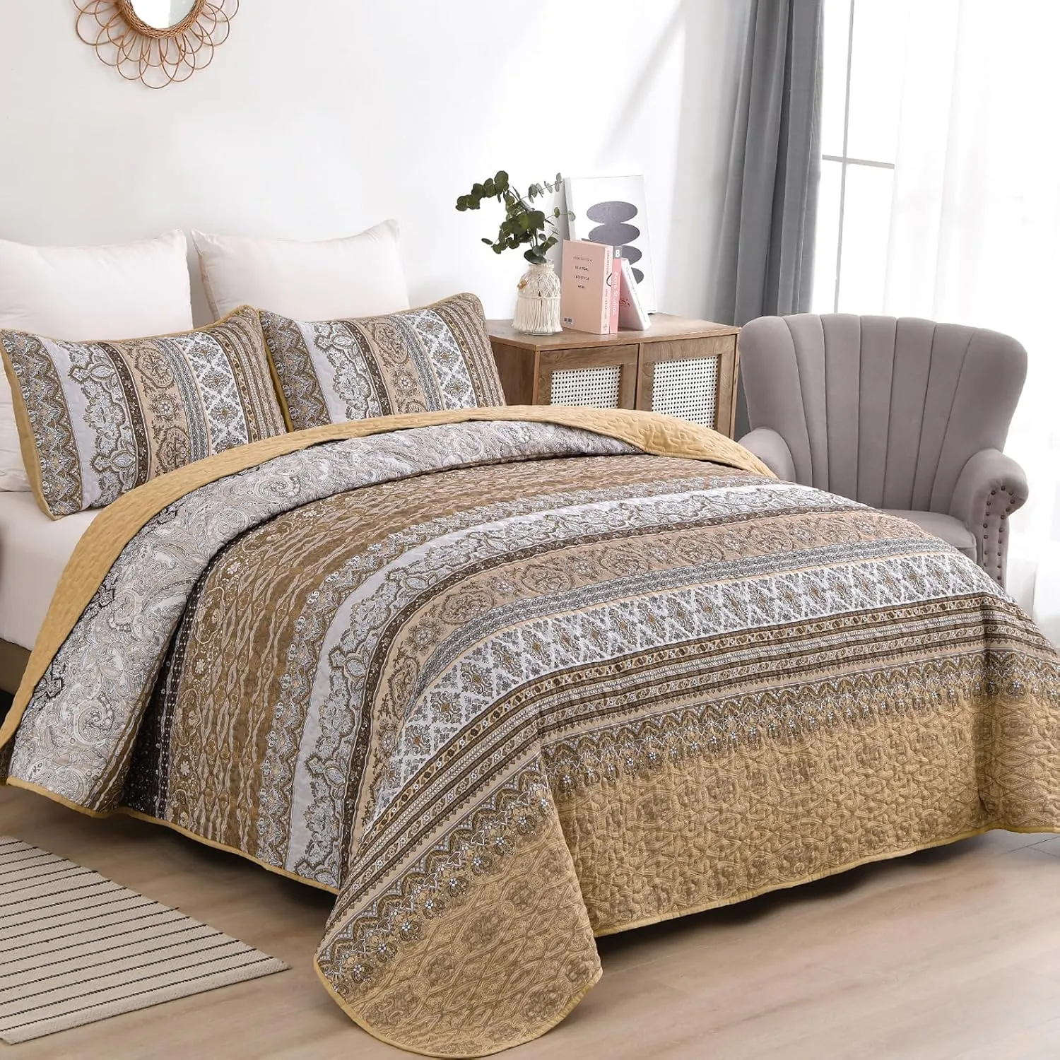 WONGS BEDDING Brown Quilt Set King Size, Bohemian Stripe 3 Pieces Quilts Bedspread Set Boho Lightweight Microfiber All Season Bedding Coverlet Set for Queen Bed (104"x90")