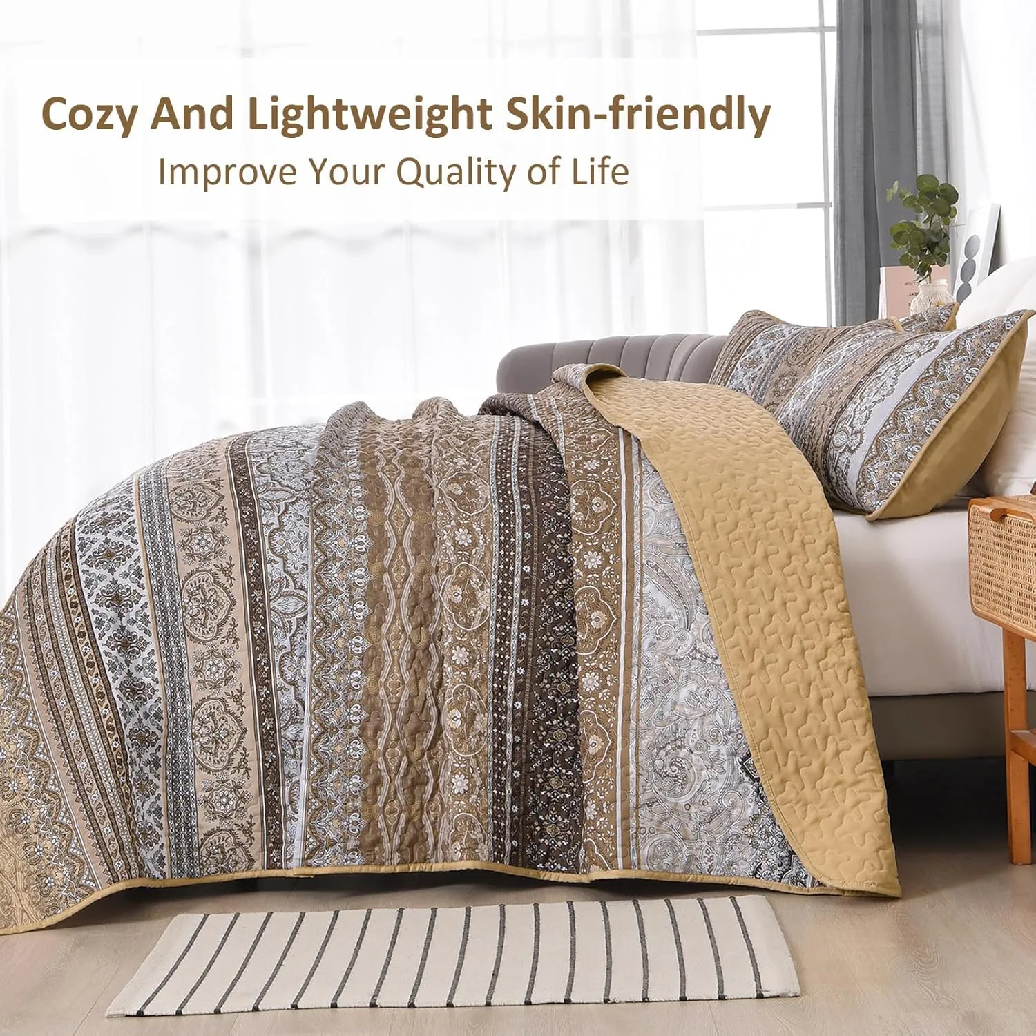 WONGS BEDDING Brown Quilt Set King Size, Bohemian Stripe 3 Pieces Quilts Bedspread Set Boho Lightweight Microfiber All Season Bedding Coverlet Set for Queen Bed (104"x90")