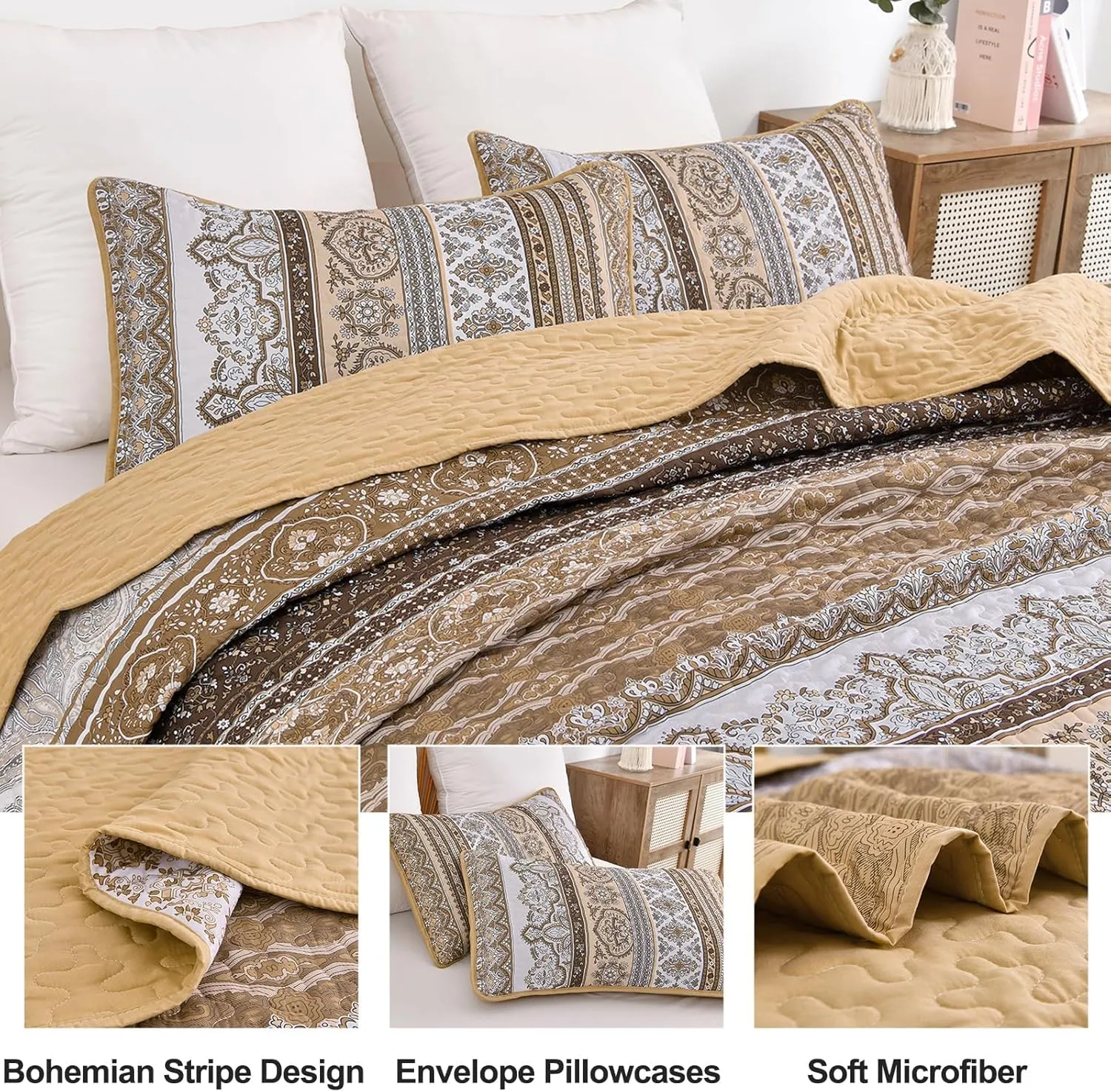 WONGS BEDDING Brown Quilt Set King Size, Bohemian Stripe 3 Pieces Quilts Bedspread Set Boho Lightweight Microfiber All Season Bedding Coverlet Set for Queen Bed (104"x90")