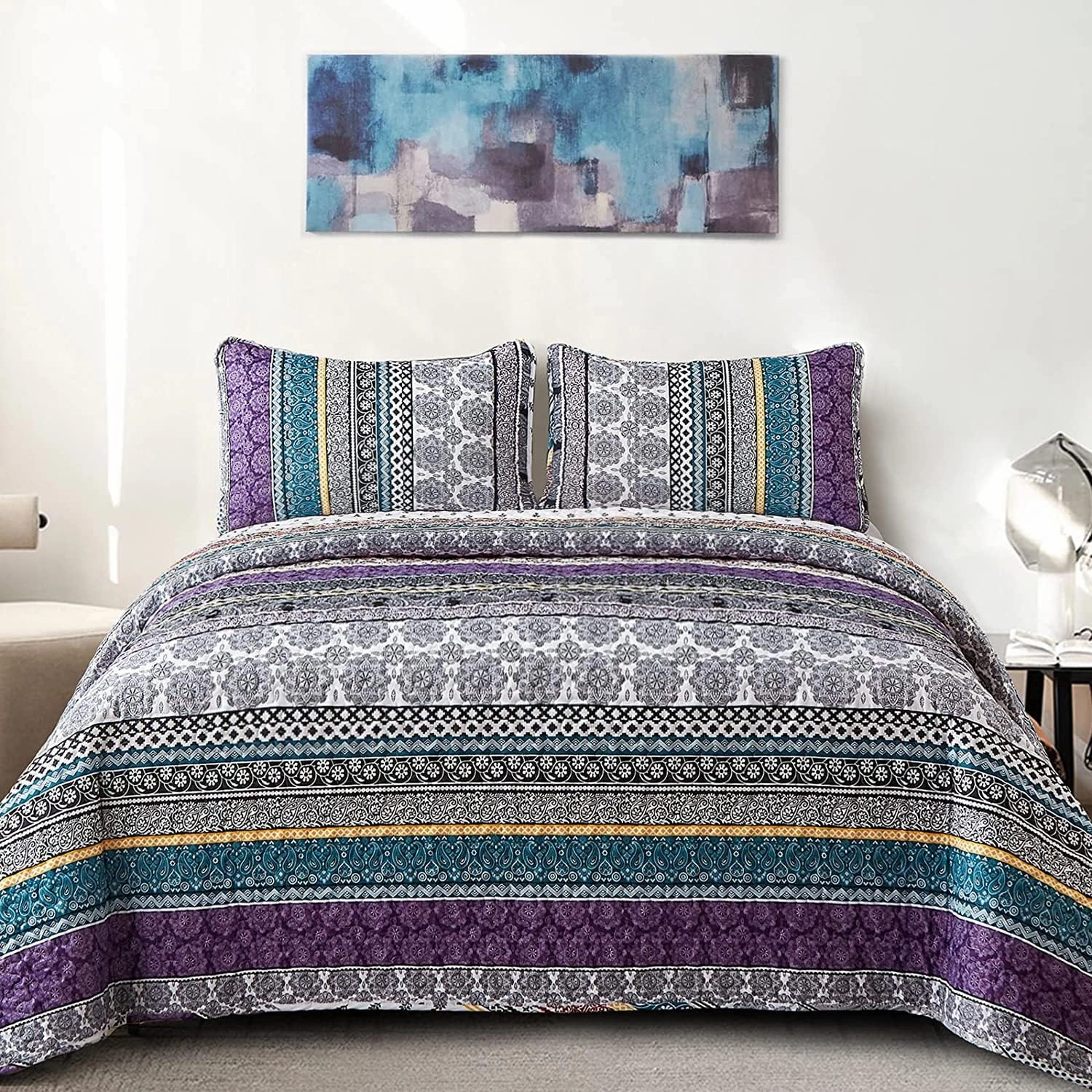 WONGS BEDDING Boho Quilt Set Queen Size, Purple Bohemian 3 Pieces Quilt Sets, Lightweight Bedspread Coverlet Bedding Set for All Season (96"x90")