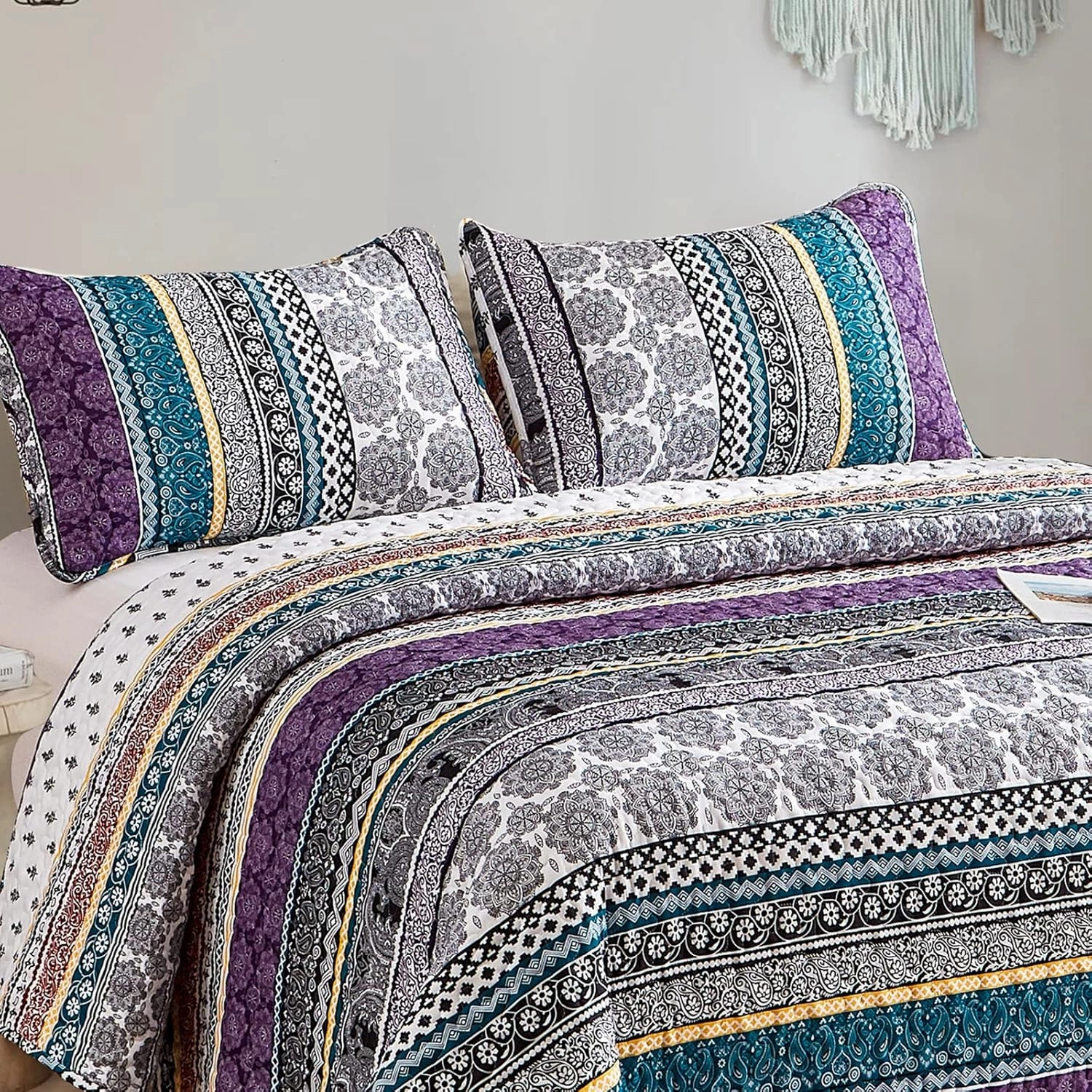 WONGS BEDDING Boho Quilt Set Queen Size, Purple Bohemian 3 Pieces Quilt Sets, Lightweight Bedspread Coverlet Bedding Set for All Season (96"x90")
