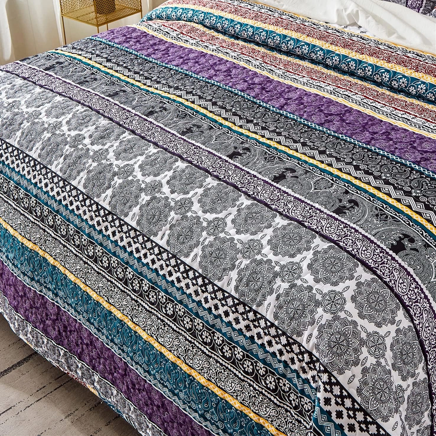 WONGS BEDDING Boho Quilt Set Queen Size, Purple Bohemian 3 Pieces Quilt Sets, Lightweight Bedspread Coverlet Bedding Set for All Season (96"x90")