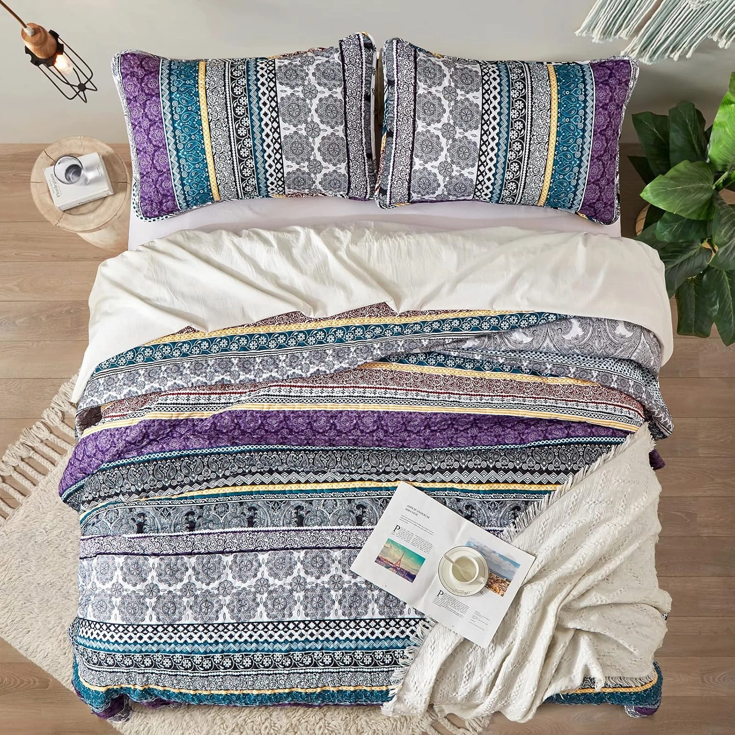 WONGS BEDDING Boho Quilt Set Queen Size, Purple Bohemian 3 Pieces Quilt Sets, Lightweight Bedspread Coverlet Bedding Set for All Season (96"x90")