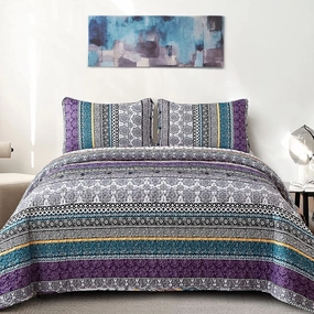 WONGS BEDDING Boho Quilt Set Queen Size, Purple Bohemian 3 Pieces Quilt Sets, Lightweight Bedspread Coverlet Bedding Set for All Season (96"x90")