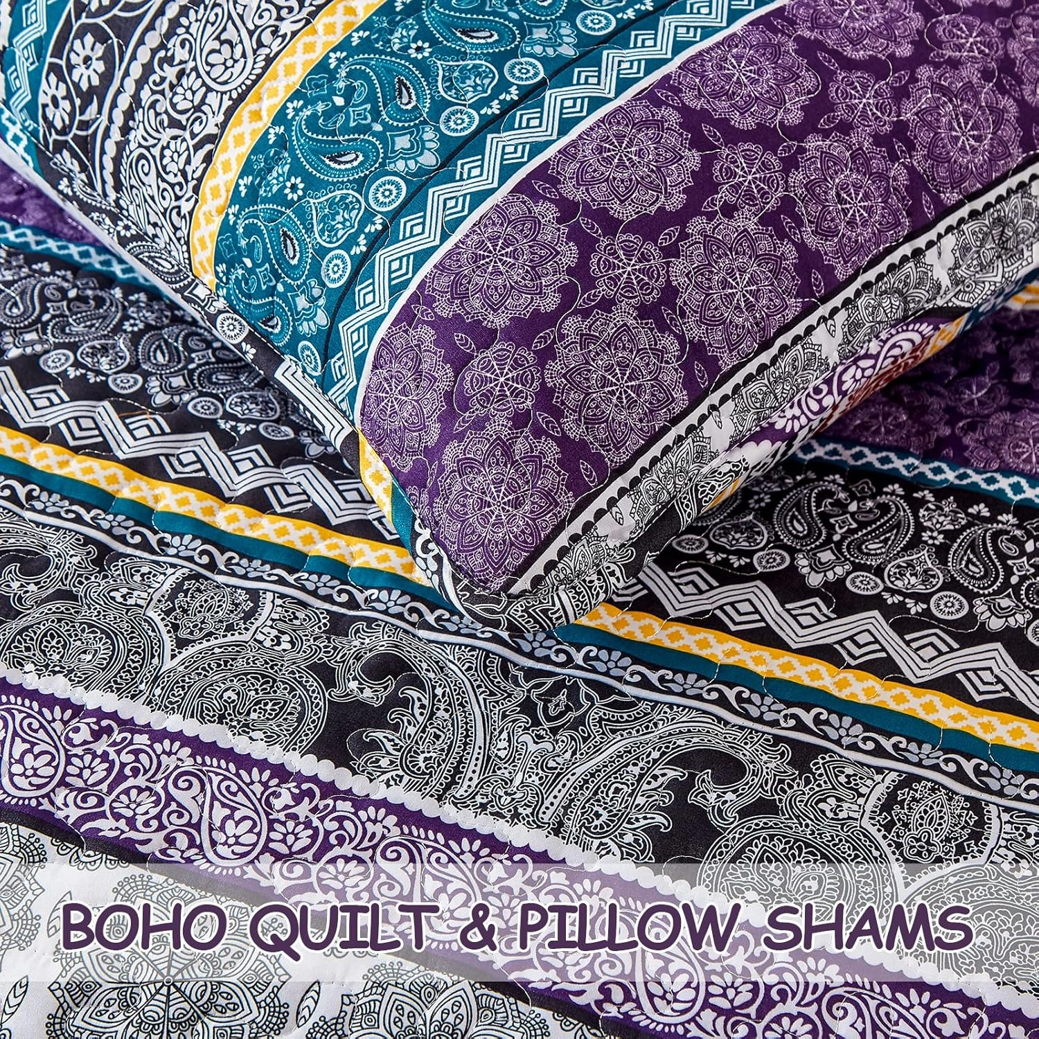 WONGS BEDDING Boho Quilt Set Queen Size, Purple Bohemian 3 Pieces Quilt Sets, Lightweight Bedspread Coverlet Bedding Set for All Season (96"x90")