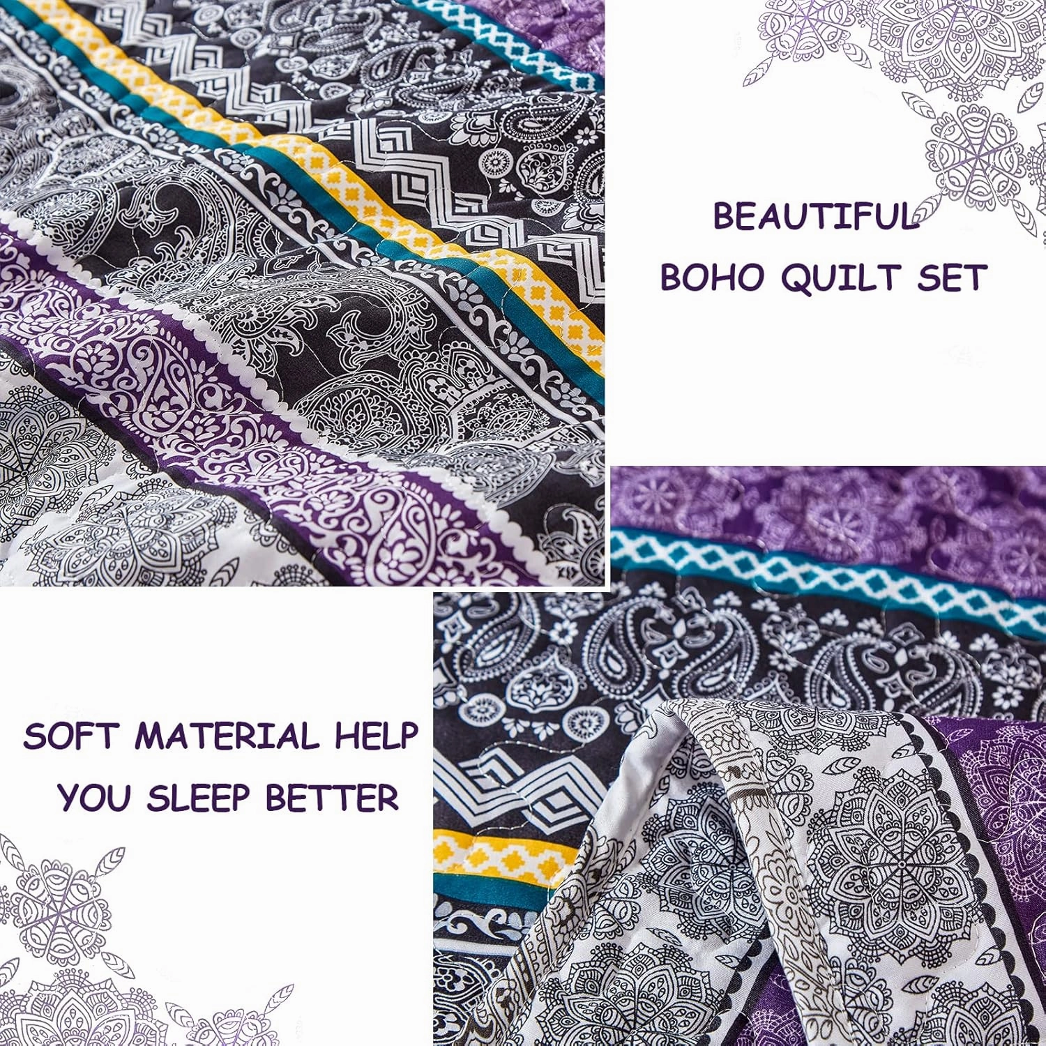 WONGS BEDDING Boho Quilt Set Queen Size, Purple Bohemian 3 Pieces Quilt Sets, Lightweight Bedspread Coverlet Bedding Set for All Season (96"x90")
