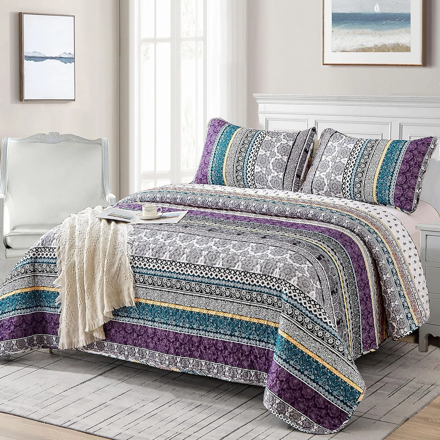 WONGS BEDDING Boho Quilt Set Queen Size, Purple Bohemian 3 Pieces Quilt Sets, Lightweight Bedspread Coverlet Bedding Set for All Season (96"x90")