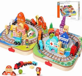 Wooden Take-Along Tabletop Railroad, Wooden Train Sets for Kids Ages 3 