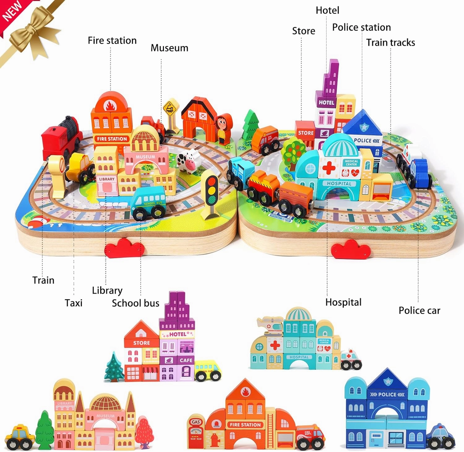 Wooden Take-Along Tabletop Railroad, Wooden Train Sets for Kids Ages 3 