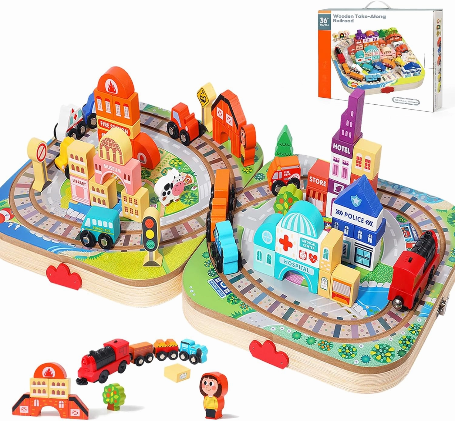 Wooden Take-Along Tabletop Railroad, Wooden Train Sets for Kids Ages 3 
