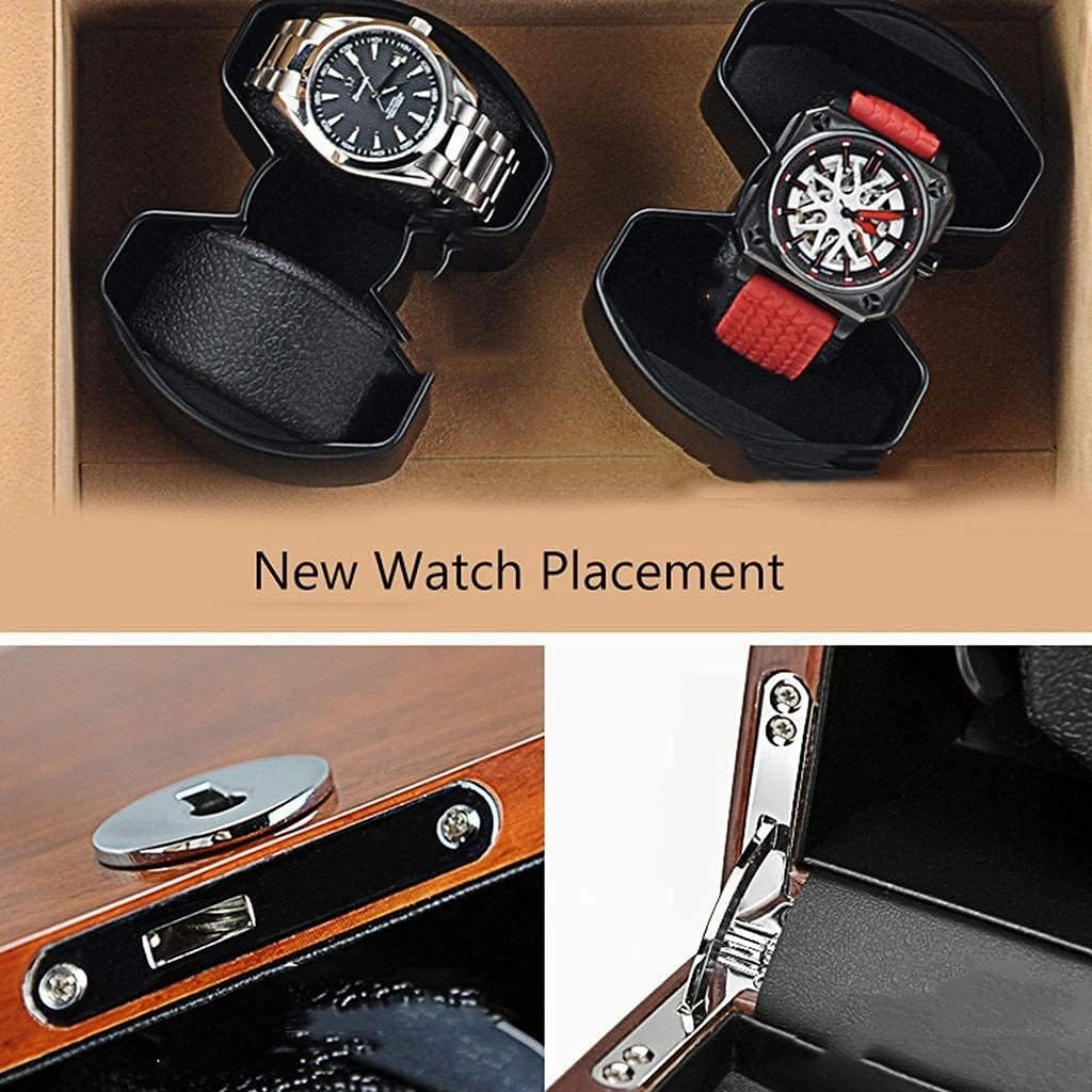 Wooden Watch Winder for 2 Automatic Watch, Transparent Window with Key, Watch Storage Box, 5 Roating Mode and Mute Motor, Contains Watch Pillow (A)