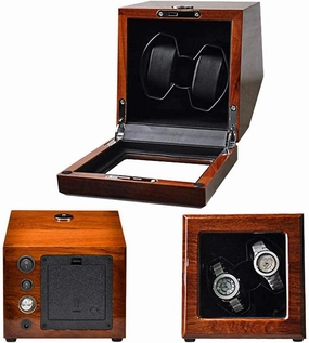 Wooden Watch Winder for 2 Automatic Watch, Transparent Window with Key, Watch Storage Box, 5 Roating Mode and Mute Motor, Contains Watch Pillow (A)