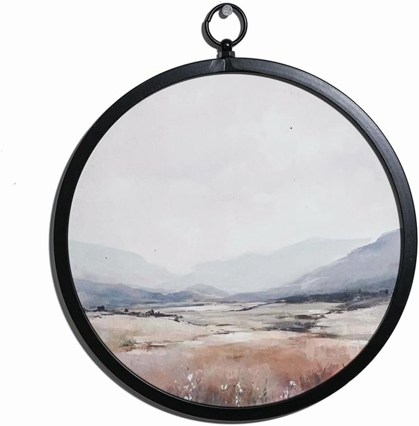 XIAOAIKA 10 Inch Round Wall Art with Misty Mountain View, Textured Paper Print Backed with Wood and Black Metal Frame, Neutral Nature Decor for Living Room or Office